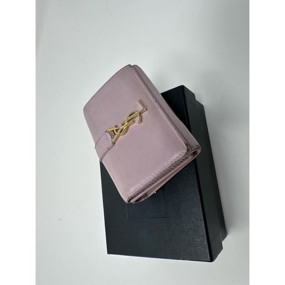 Auth Saint Laurent Fold Purse Mini Wallet Ysl Beige Pink Leather Pre- loved - Picture 7 of 9